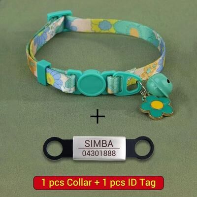 Uplifted Finds Personalized Printed Cat Collar With Engraved ID Nameplate green Flower