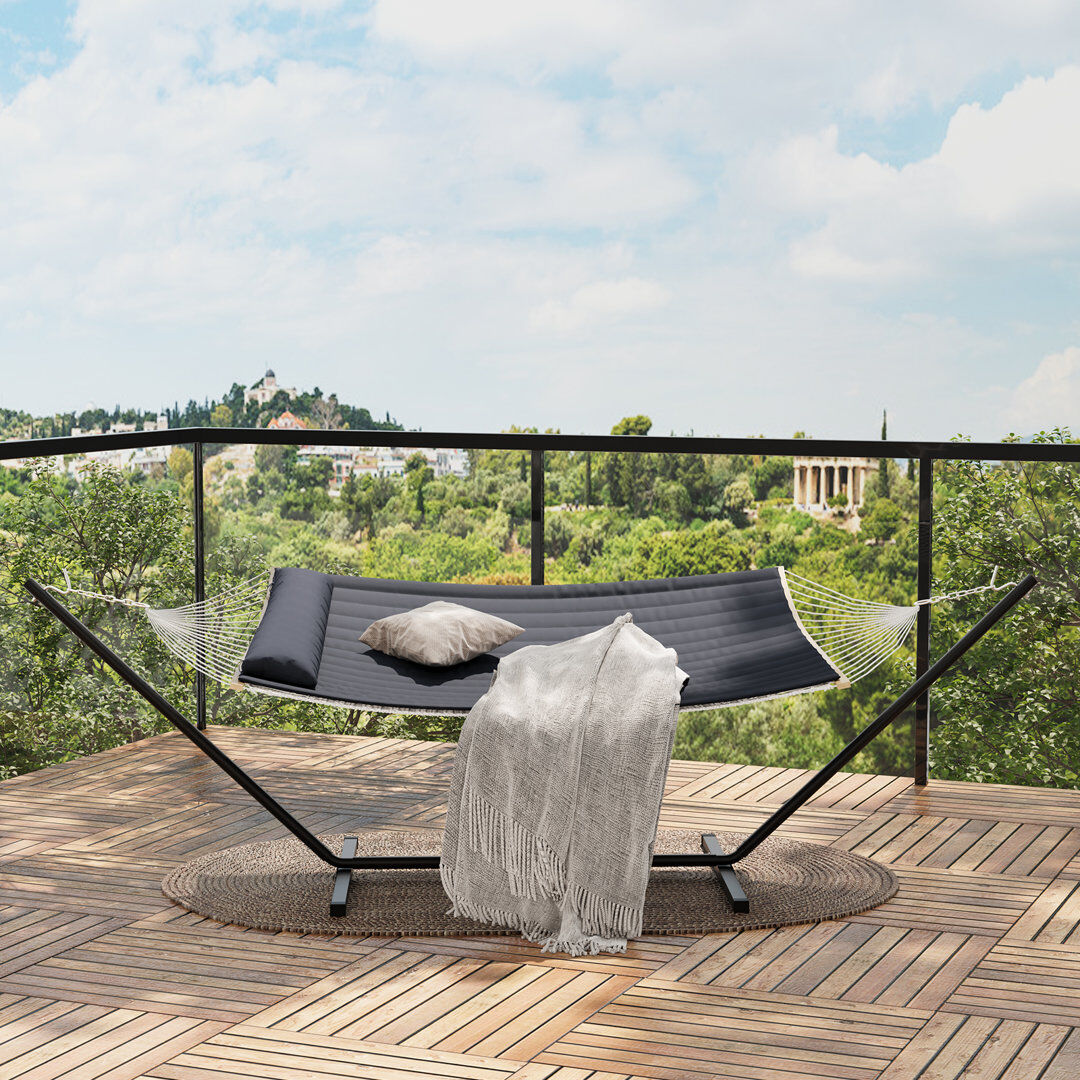 Dakota Fields Heavy Duty Double Hammock with Stand for 2 Persons, 450 lbs Capacity, Cotton Rope Bed, Pillow, Easy Assembly, Outdoor Indoor, Backyard, Patio, Poolsi Grey 109cm H X 91cm W X 360cm L