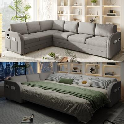 Loedds 115.2-Inch Reversible L-Shaped Sherpa Sleeper Sofa Bed with USB and Side Pockets