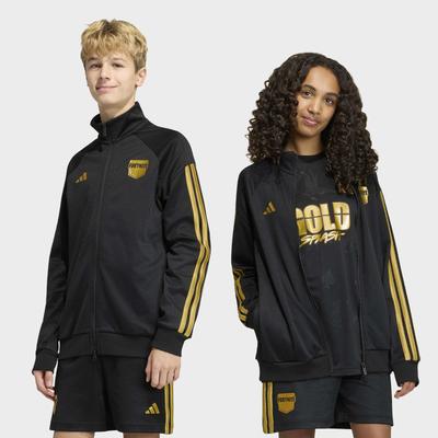 Outdoorjacke ADIDAS SPORTSWEAR "ADIDAS X FORTNITE", Jungen, Gr. 164, schwarz, gold metallic, Obermaterial: 53% Baumwolle, 47% Polyester, Jacken Outdoorjacke