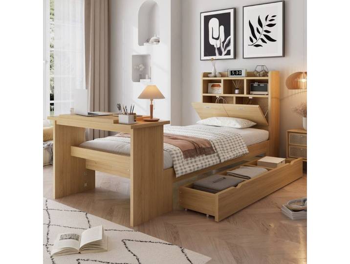Lit coffre 90x200 cm en bois avec bureau rabattable tête de lit étagère et grand tiroir de rangement sous lit