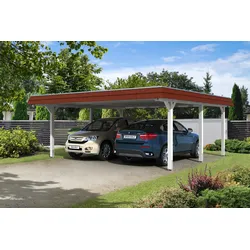 Carport Wendland 630x637 rote Blende, weiß, 20mm Dachschalung mit EPDM Folie Holzcarport