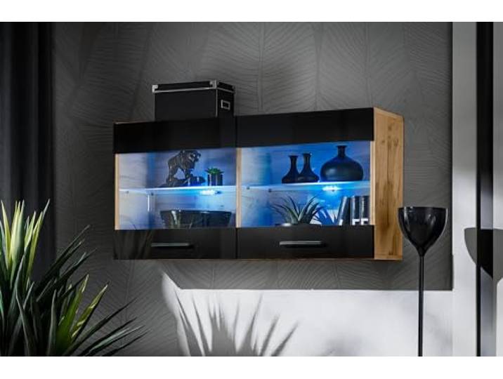 Komodee Vitrine Savona Schwarz/Wotan 100x50x30 cm Vitrine Savona, Schwarz/Wotan, Breite 100cm x Höhe 50cm x Tiefe 30cm, ohne LED, 2 Glasböden, 2 Türen, für Wohnzimmer