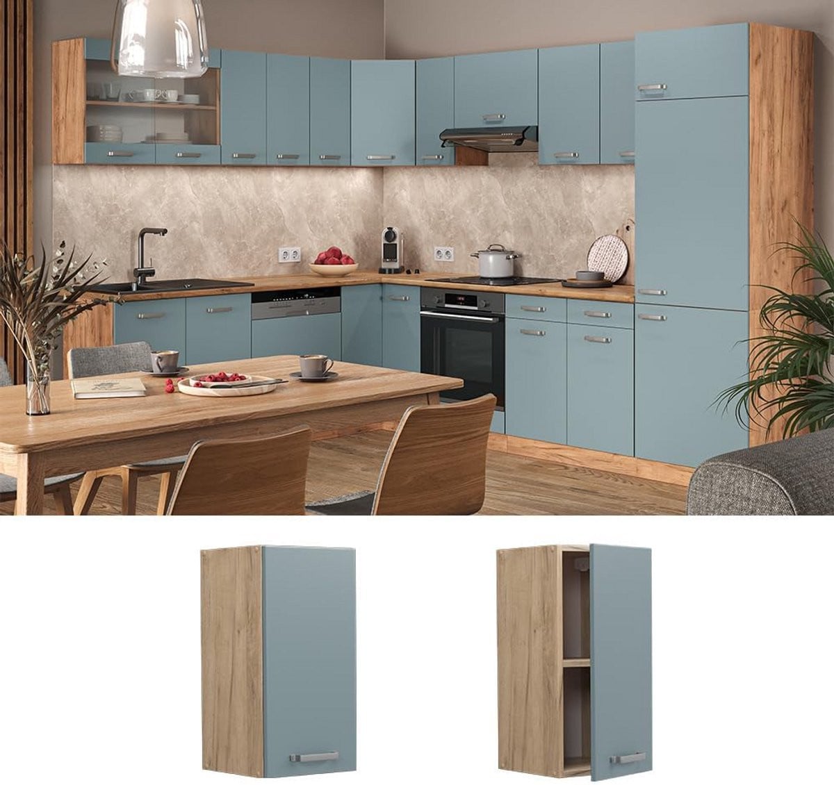 Moderne Hangkast Keuken Blauwgrijs met Eiken Look MDF