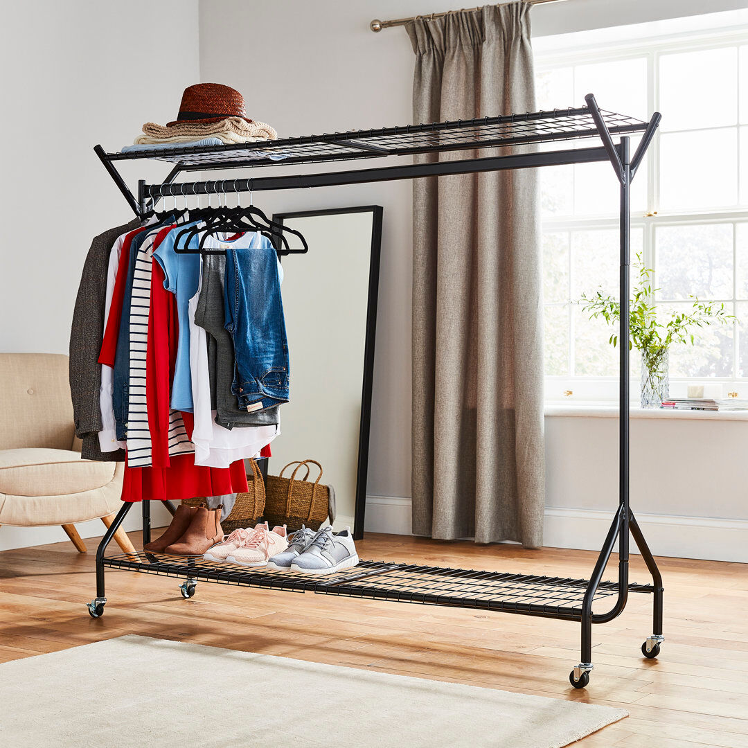 Wayfair Basics™ Clothing Rail Heavy Duty Hanging Clothes Shoe Hat Rack Shelves With Wheels Black 150cm H x 183cm W x 46.5cm D