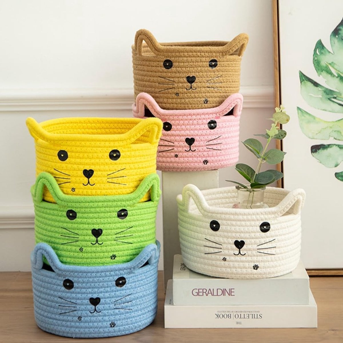 SnelShoppen Opbergmand voor katten met kattenoren, gevlochten katoen, roze, 21 x 12 cm