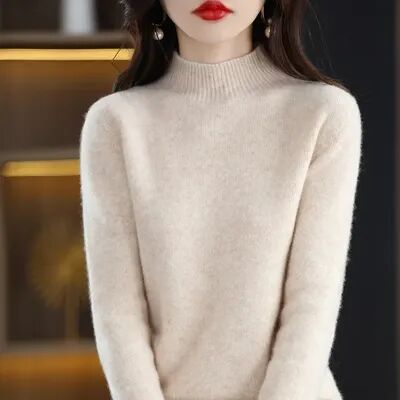 GlowBake Autumn Winter Women Sweater, Fashion Warm Bottoming Shirts, Half High Collar Knitwear Solid Long Sleeve Pullovers beige m