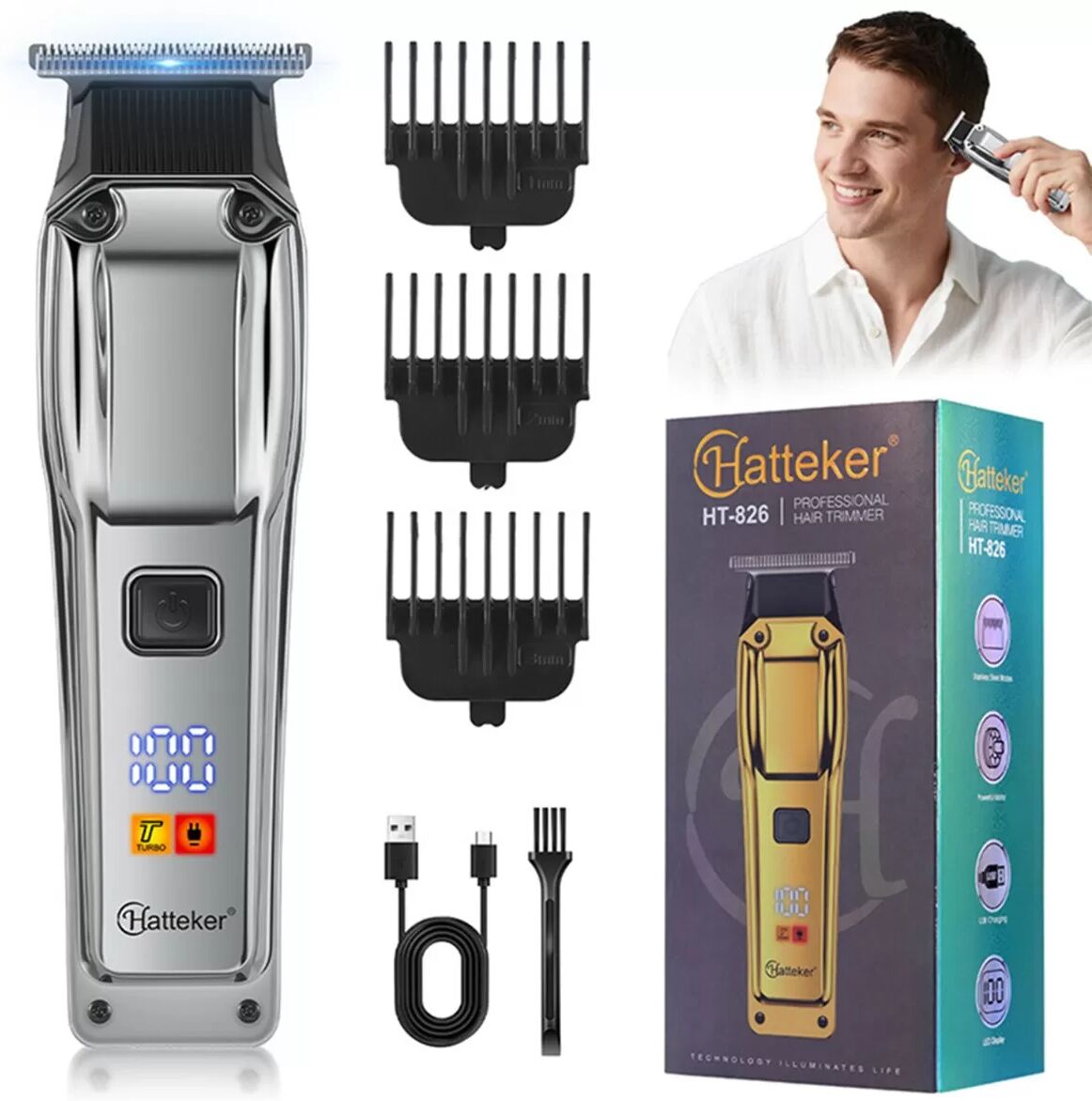 INF LCD Digitalanzeige USB Wiederaufladbare Haarschneidemaschine - Professioneller Kabelloser Haartrimmer Silber