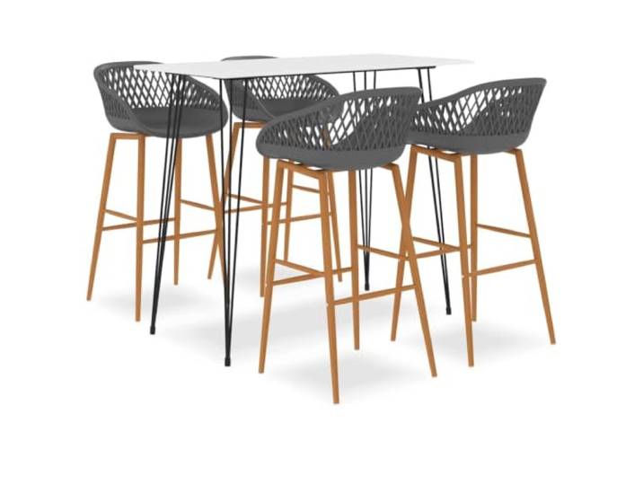 Bar-Set, 5-teilig, weiß und grau, MDF-Tisch und Hocker Modernes und modernes Design, ergonomischer Sitz, Mesh-Optik, Druck in Holzoptik, max. 110 kg pro Sitz
