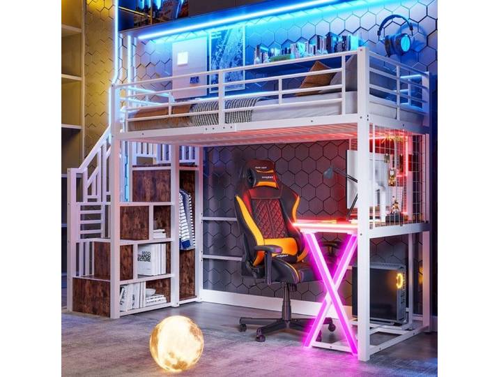 Lit superposé- Zukavenir- avec LED avec échelle de rangement avec bureau avec armoire avec étagères- 90x200cm