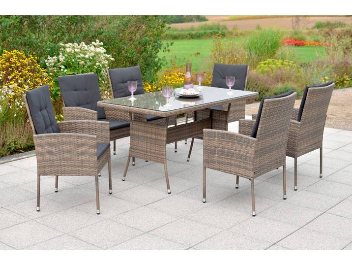 Garten-Essgruppe MERXX Menorca , braun (mudbraun, natur, natur), Polyester, Kunststoff, Polyester, Stahl, Sitzmöbel-Sets, Garten-Essgruppe, 6 Sessel, 6 Sitzkissen, 6 Rückenkissen, Tisch