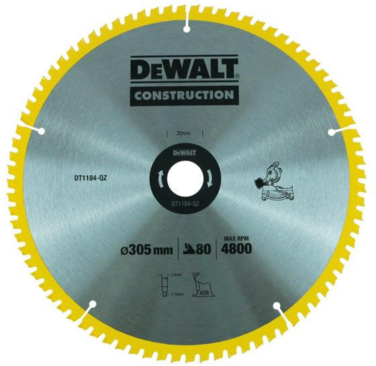 DeWalt DT1184-QZ Cirkelzaagblad voor hout, 305 mm, 80 tanden