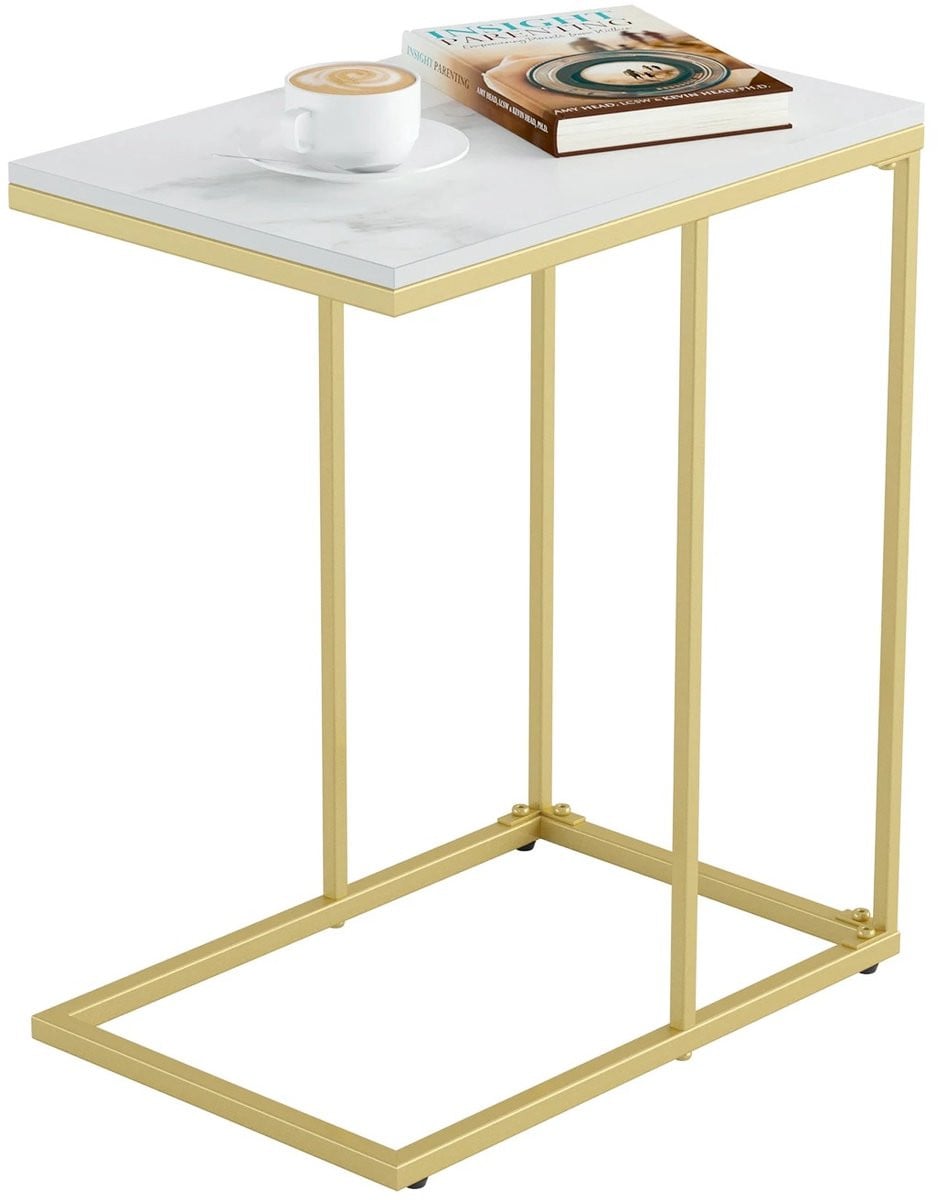 Novendo Goods Luxe marmeren C-vorm bijzettafel met goud metalen onderstel