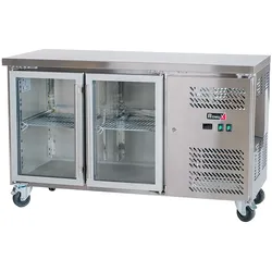 Romux® Kühltisch mit 2 Glastüren 136x60 cm mit Luftkühlung | Theken Kühlschrank aus Edelstahl mit Kapazität 228 L und Leistung 750 W