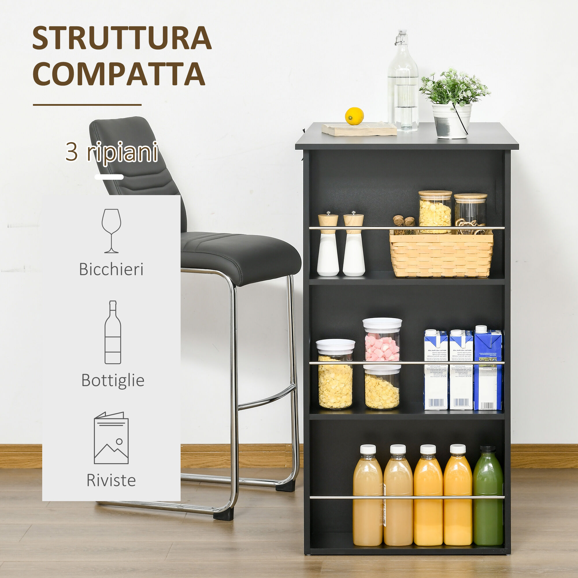 Altro Bancone Da Cucina Tavolo Alto Con 3 Mensole In Legno, Tavolo Da Bar Cucina Arredamento Moderno Casa E Bar, 112x57x106cm, Nero