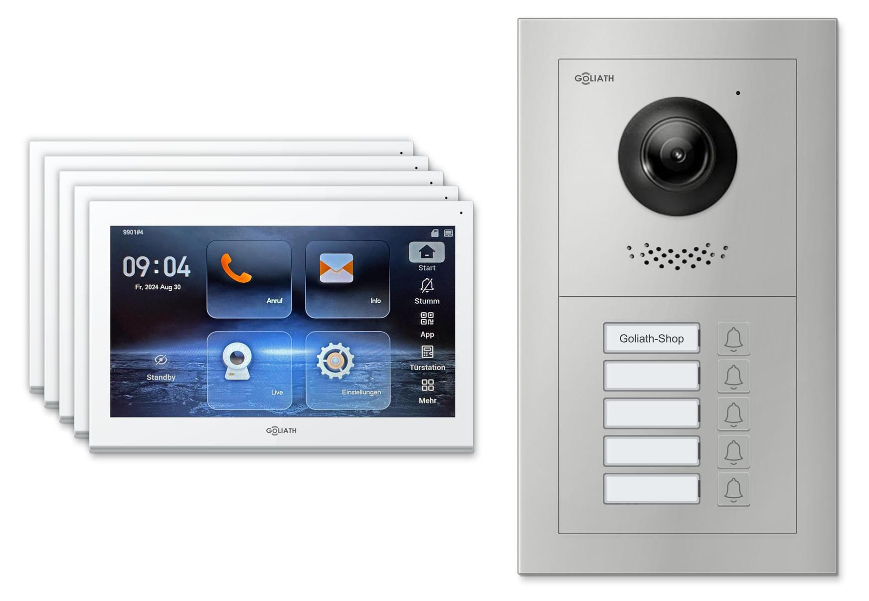 Goliath Premium IP GL-IPH500 Video-Türsprechanlage, 5 Familien, 5× 10 Zoll Weiß, Silber, Unterputz