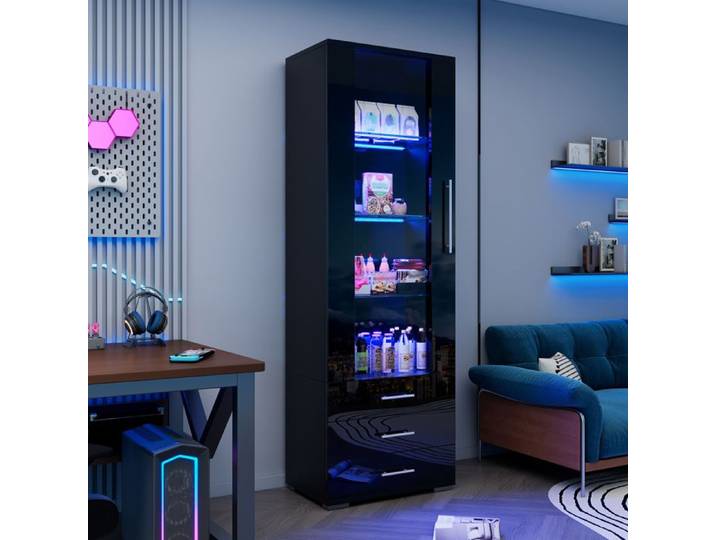 Vitrine brillante 60x35x180cm - avec LED - 3 tiroirs et étagères - 1 porte en acrylique - MDF - Noir
