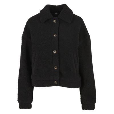Allwetterjacke URBAN CLASSICS "Urban Classics Ladies Short Sherpa Button Jacket", Damen, Gr. S, schwarz, 100% Polyester, unifarben, normal, amerikanischer Ausschnitt, Jacken