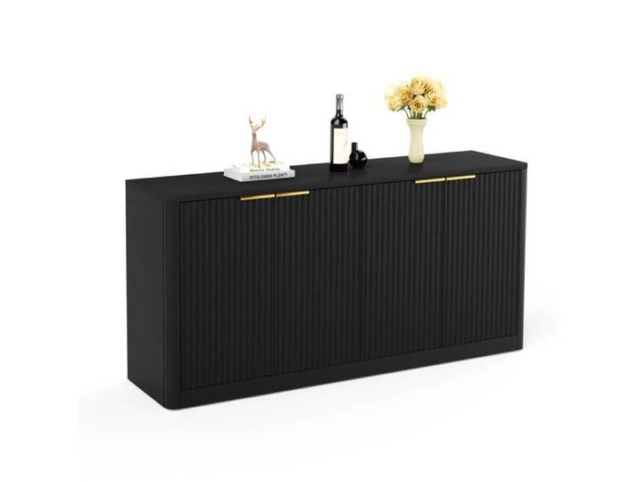 Buffet bas noir 150 cm en MDF 4 portes ondulées meuble TV et rangement