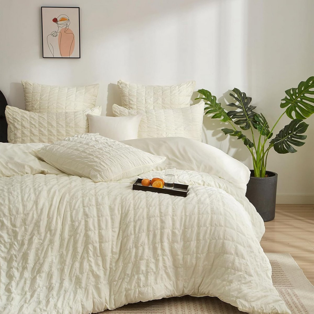 Seersucker Dekbedovertrek Beige 200x220 cm met Rasterpatroon