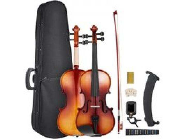 VEVOR Violine 4/4, 584,2 mm Armlänge, Geigenset mit Hartschalenkoffer, Kolophonium, Bogen, Schulterstütze, Steg, zusätzlichen Saiten, professionelles Massivholzinstrument (glänzend braun)