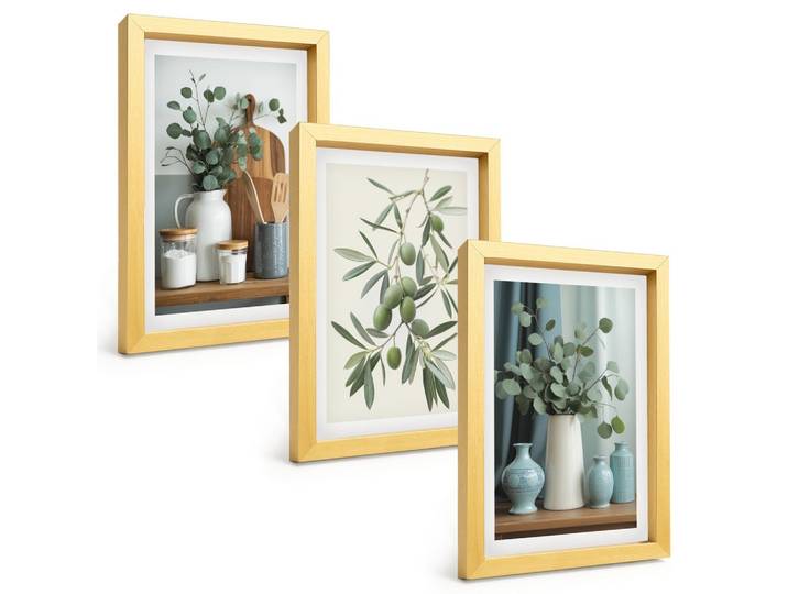 BILDER SET 3er Set - 20x30 cm Goldrahmen - Grüne Oliven, Eukalyptus