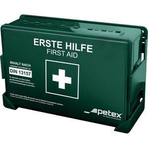 Petex Verbandskasten STANDARD, DIN 13157, für Betriebe & Zuhause, Kunststoff, grün, mit Wandhalterung