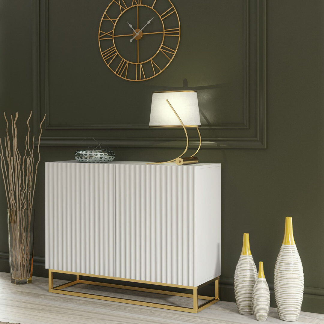Fairmont Park Modern Sideboard with Fluted Fronts & Gold Legs – 100cm Storage Cabinet White 80cm H X 100cm W X 35cm D