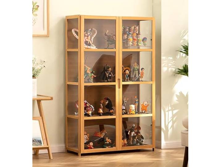 Curio Vitrine mit Glastüren, Vitrine, Vitrine, natürlicher Bambusrahmen, sicheres und gesundes Doppeltür-Design für bequeme Aufbewahrung (Größe: 32,5 cm / 82 cm, Farbe: rohholzfarben)