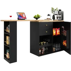 STILVORA Modularer Eckschrank Bartisch Schwarz 138x39x104 cm drehbar mit 4 Schubladen Schiebetür und 3 offenen Ebenen MDF mit Metallrahmen