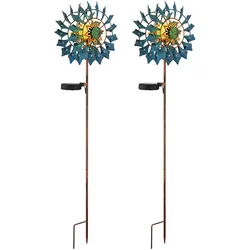 Gartendeko Windrad LED Solarleuchte Terrassenlampe Außenlampe Erdspieß, gold blau antik, Bruchglas, LxH 22,5 x 92 cm, 2er Set