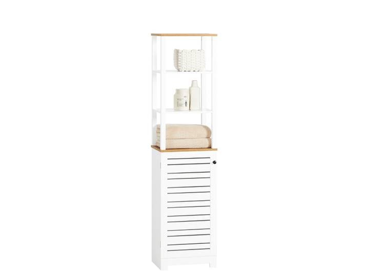 SoBuy BZR43-W salle de bain armoire haute armoire de bain étagère de bain armoire de salle de bain avec 3 compartiments ouverts et lattes porte meubles de bain