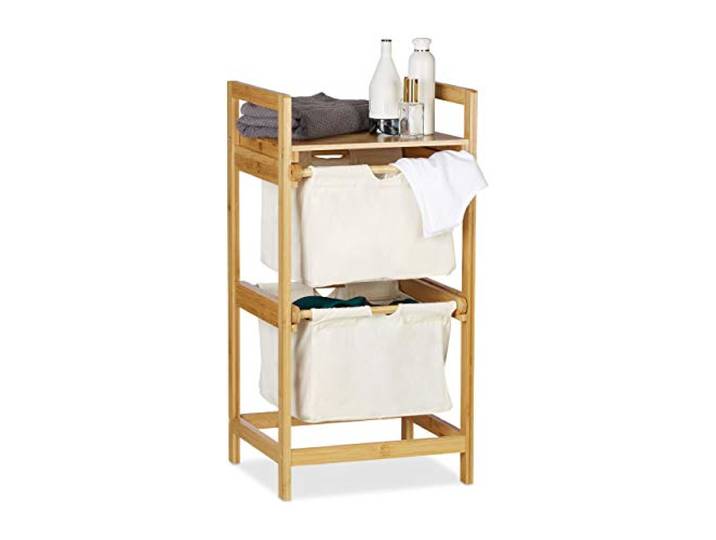 Relaxdays Wäschekorb Bambus, Wäschesortierer mit Ablage, 2 Schubladen, ausziehbar & tragbar, Wäschesammler 25 L, natur
