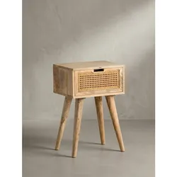 Nachttisch – Mango Massivholz/Rattan, 40x60x30 cm, Braun, 1 Schublade, Wiener Geflecht