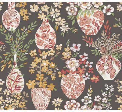 A-Street Prints Harper Brown Floral Vase Wallpaper