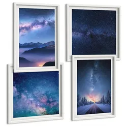 BILDER SET 4er Set - 50x50 cm & 40x60 cm Weißer Rahmen - Nachthimmel, Berge, Winter, Weltraum