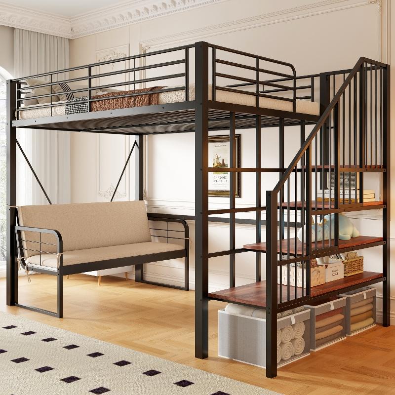 Etagenbett 140x200cm mit abnehmbarem Polstersofa, stabilem Metallrahmen, Stauraumtreppe und Holzpaneelen, Schwarz/Weiß, für Schlafzimmer