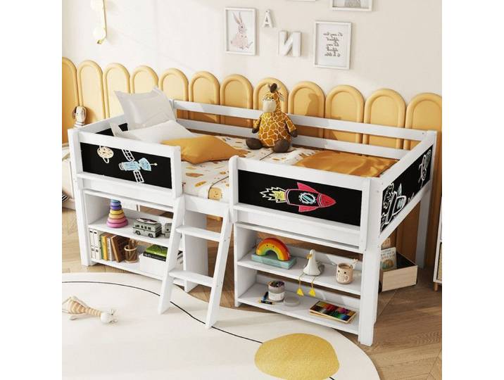 Lit superposé - 90x200cm - plusieurs étagères pour le rangement - Lit demi-hauteur-sans matelas - blanc
