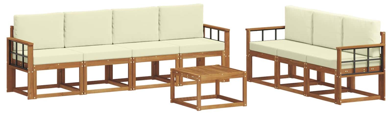 Modulare Outdoor-Sofagarnitur, Gartenmöbel-Set für 7 Personen, massives Akazienholz, wetterbeständig, Natur und Creme, 8-teilig