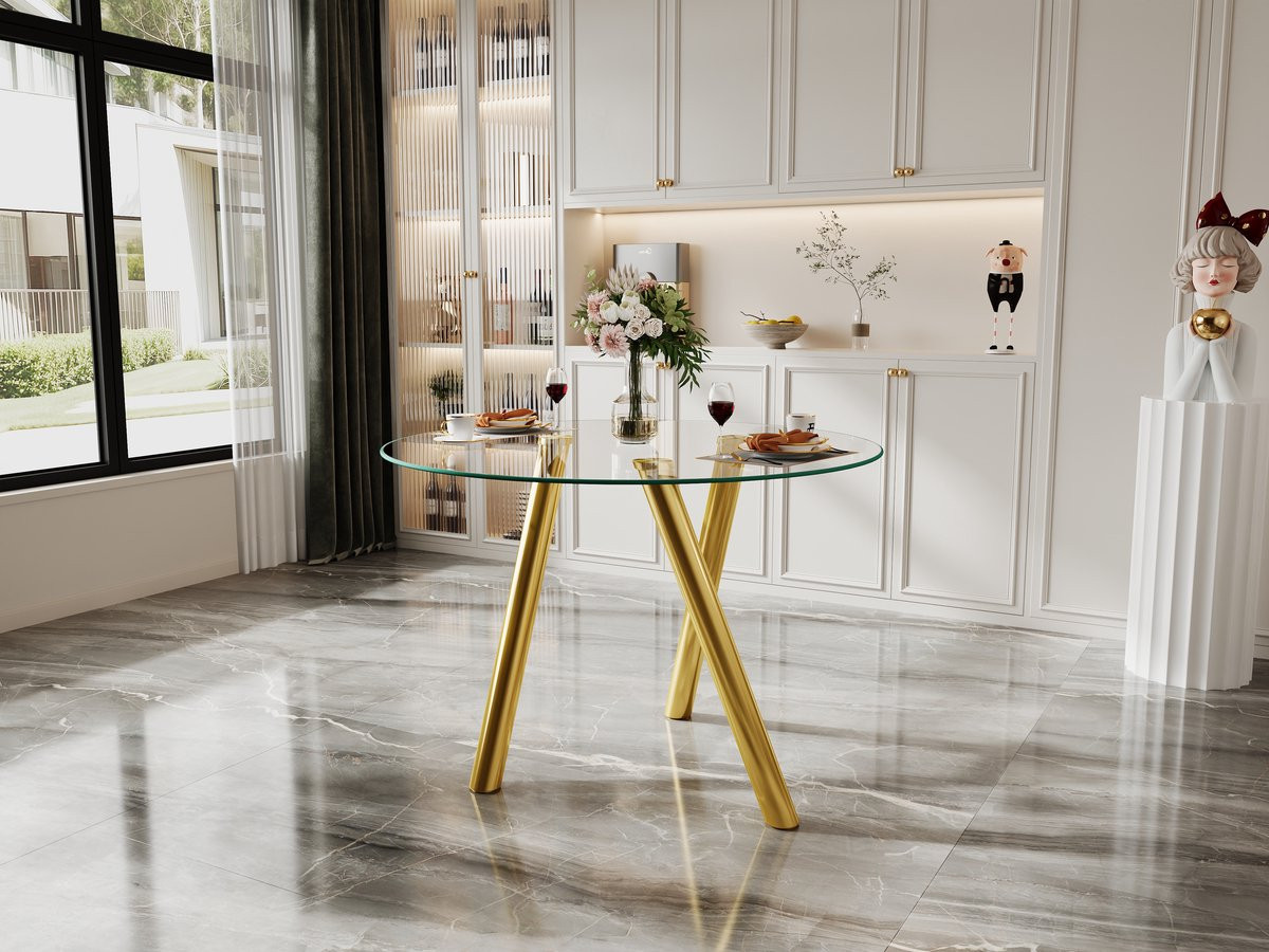 Wishdor Ronde Eettafel met Gehard Glazen Tafelblad en Metalen Poten - Goud - Diameter: 89 cm