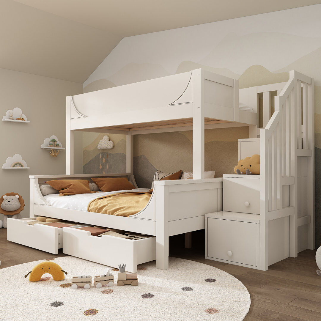 Awaken Dream White Solid Wood Bed (90+135) X 190 Cm Bunk Beds With Drawers And Storage White 150cm H X 246cm W X 141cm L