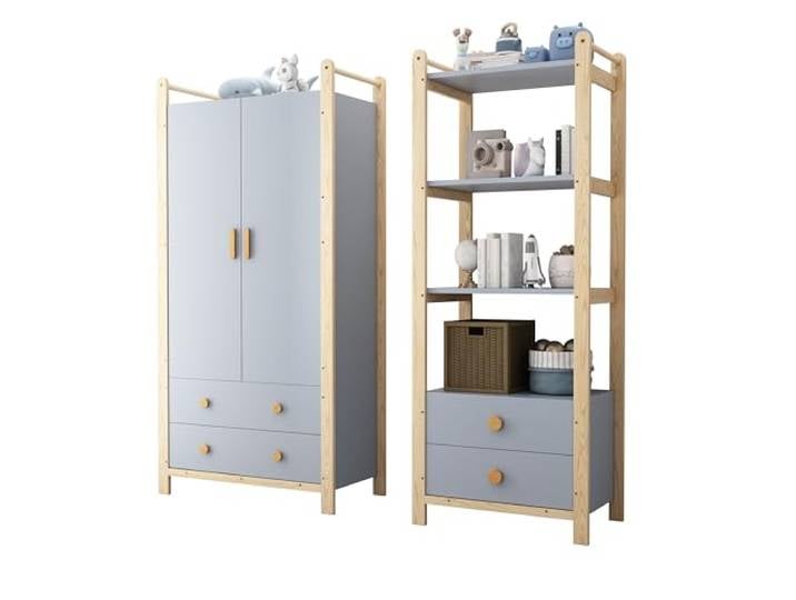 BTM Kleiderschrank Set Kinderzimmer Kombinations Kleiderschrank Schiebetüren mit Schubladen und Stange + Ablageregal Blau