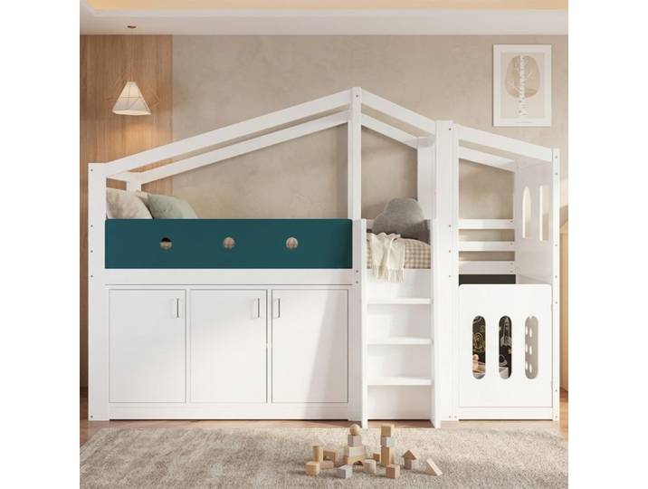 Lit Cabane Enfants 90x200 cm Lit Mezzanine avec Aire de Jeux Armoire de Rangement et échelle Lit Enfant Mi Hauteur en Bois Blanc