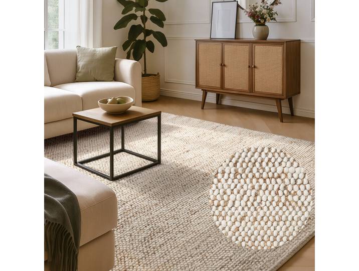Teppich VILLEROY & BOCH Peas , beige (creme, beige), B:80cm H:18mm L:150cm, Baumwolle, Jute, Wolle, Teppiche, Teppich, Handgewebt, Bouclé, Wolle, Jute, Natur, Läufer, Wohnzimmer, Skandi