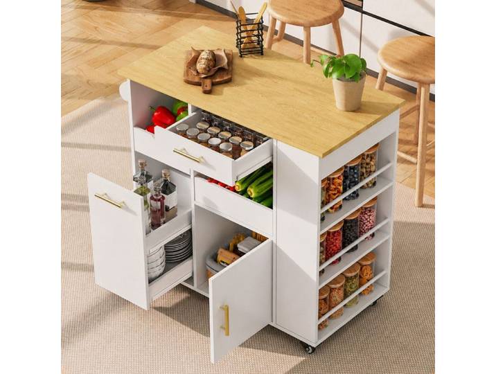 Îlot Central Cuisine Mobile - Meuble de Cuisine - Tiroir Coulissant 2 Niveaux - Roulettes Verrouillables - Blanc et Naturel