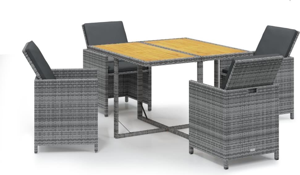 Garten-Essgruppe 5-tlg., Outdoor Essgarnitur mit Kissen, PE-Rattan, pulverbeschichteter Stahl, Akazienholz, Grau, Kissen Dunkelgrau