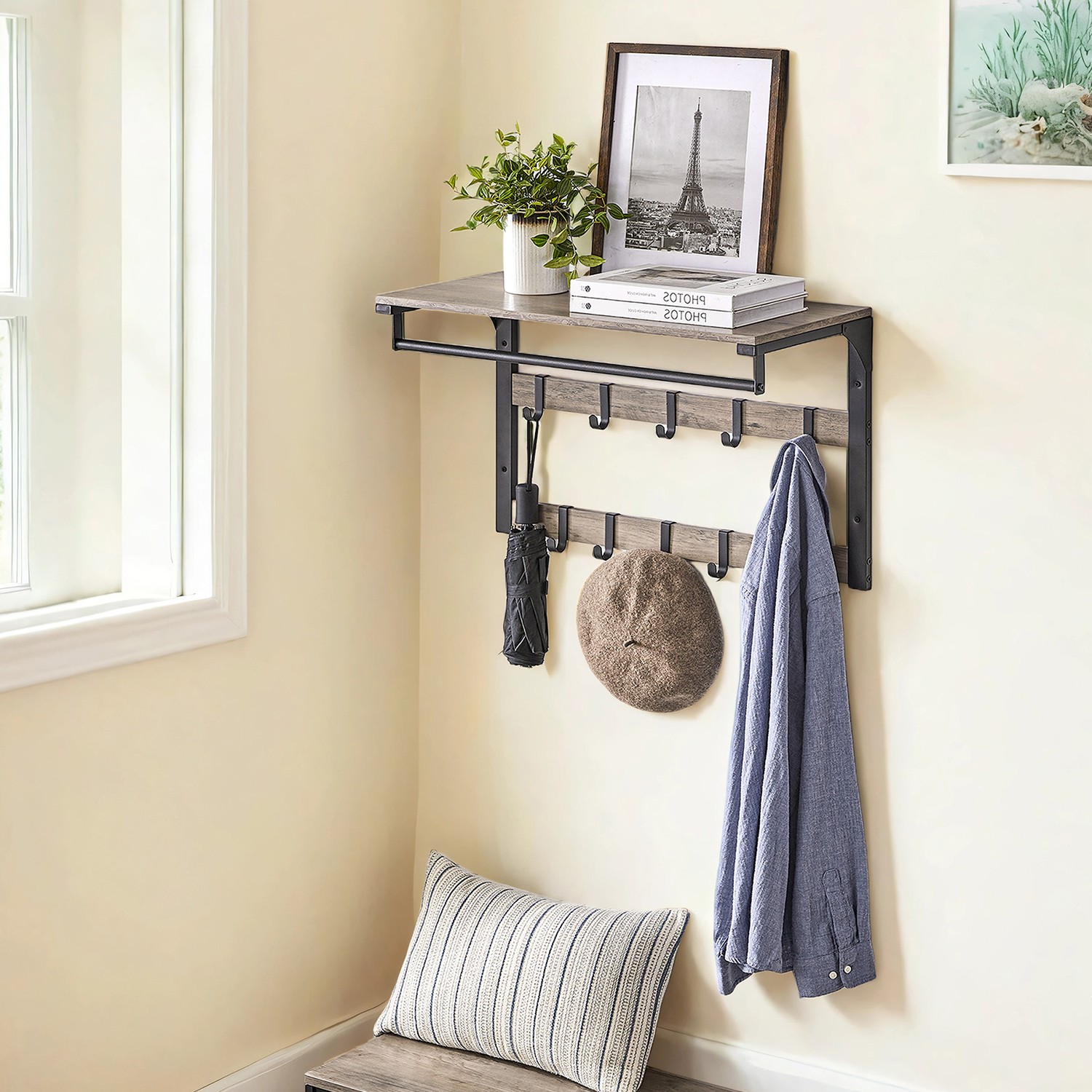 VASAGLE Wandgarderobe, mit Ablage, Wandregal mit 10 abnehmbaren Haken LCRB35101B02