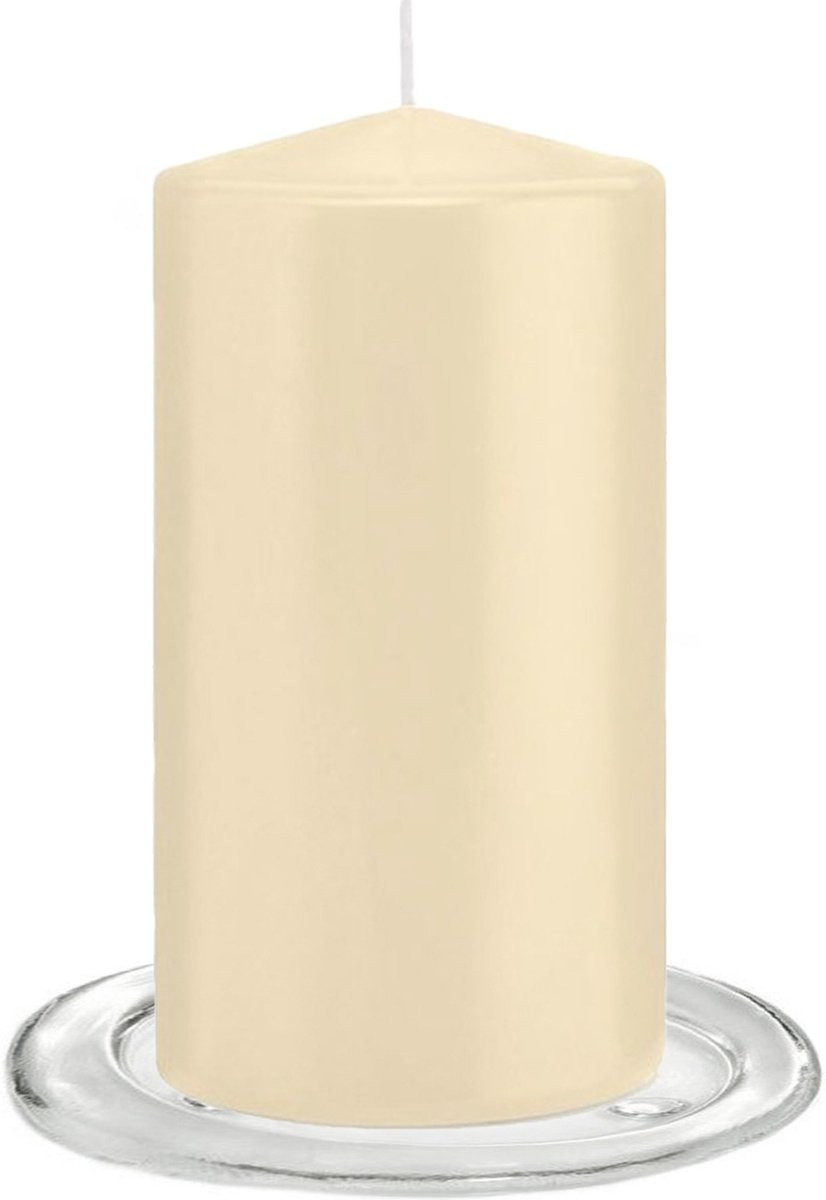 Trend Candles Set van 2 Stompkaarsen met Glazen Onderzetters - Creme Wit - 8 x 15 cm