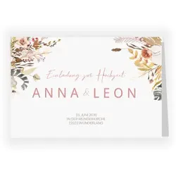Hochzeit Einladungskarte in Creme mit eigenen Fotos gestalten im Design "Einladungskarte Hochzeit: Trockenblumen in Creme" - Musterkarte - Karten einfach online bei wunderkarten gestalten und...