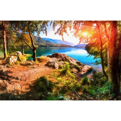 Fototapete PAPERMOON "Bergsee Malerei", bunt, B:3,5m L:2,6m, Vlies, Tapeten